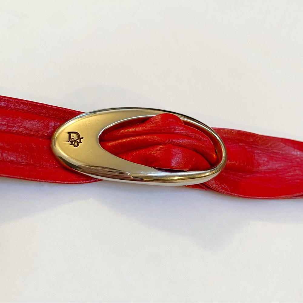 VINTAGE CHRISTIAN DIOR RED LEATHER SILVER CIRCLE BUCKLE BELT - Picture 3 of 7